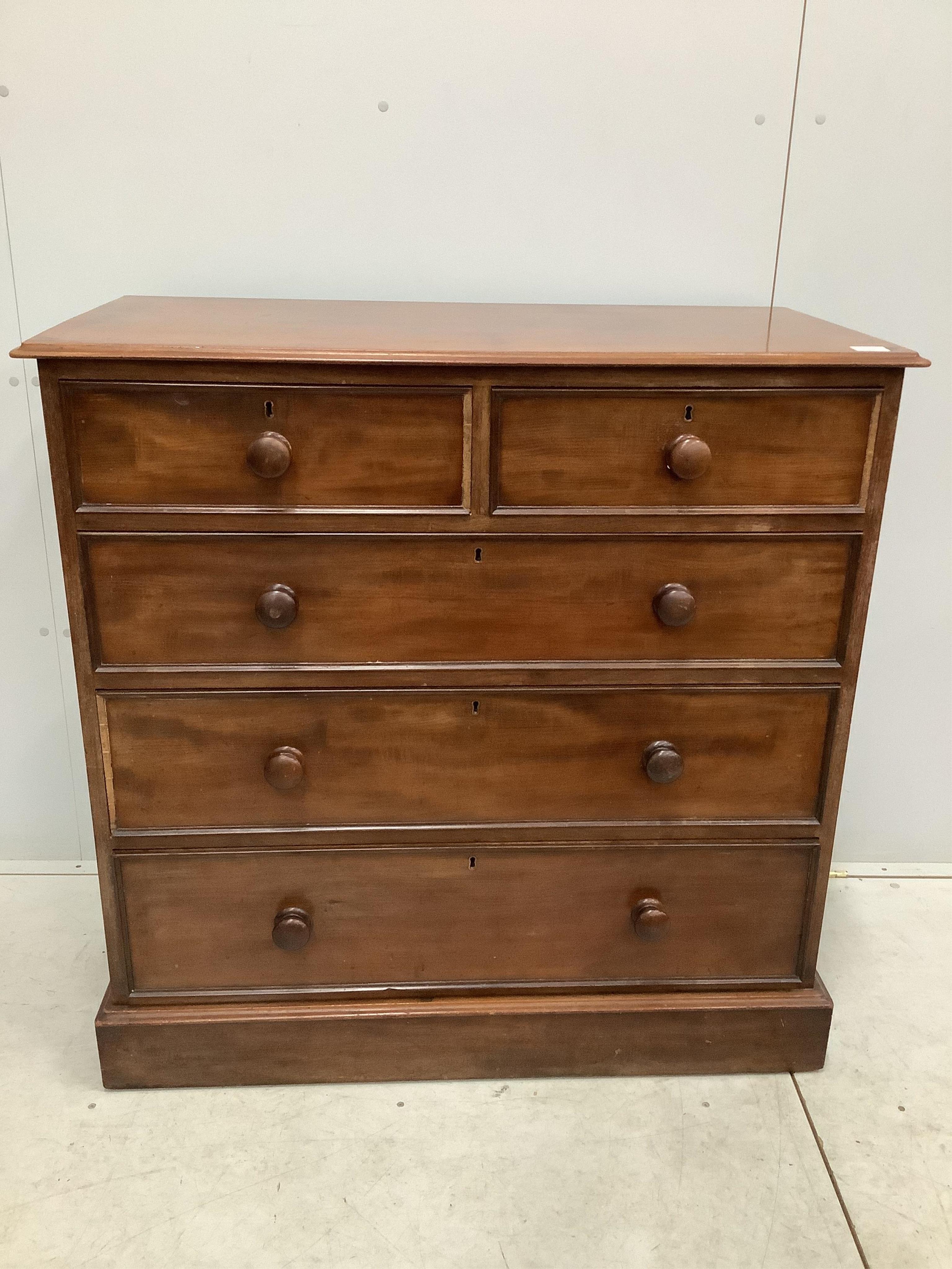 A Victorian mahogany front chest of five drawers, width 106cm, depth 53cm, height 105cm. Condition - fair